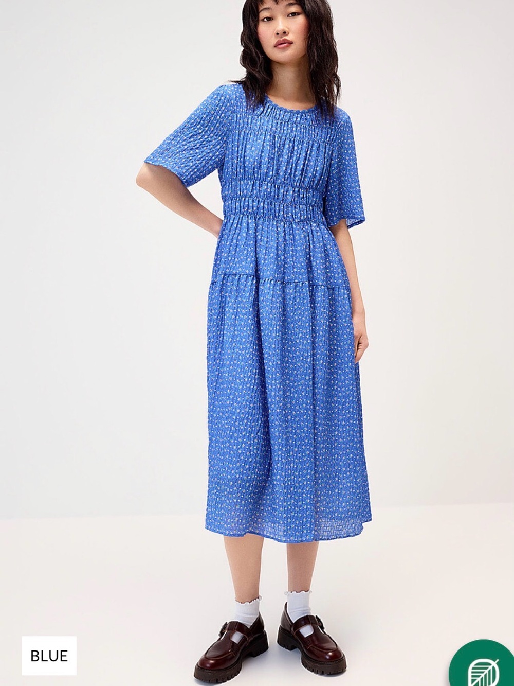 Simons Blue Printed Smocked-Waist Midi Dress